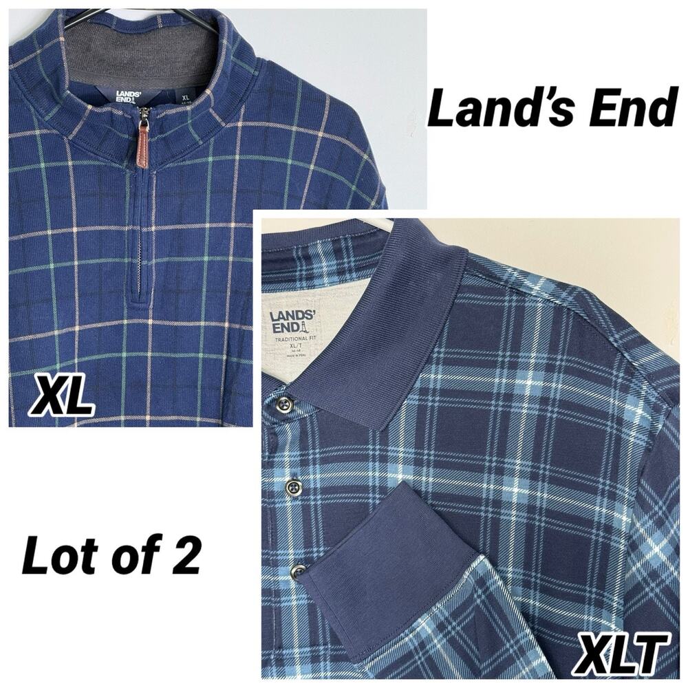 Lands’ End Lot Of 2 Mens Long Sleeve Plaid XLT Polo & XL Quarter Zip Pullover